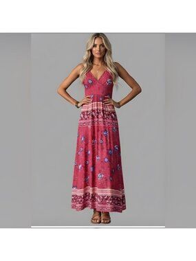 Boho Floral Print Shirred Dress Red